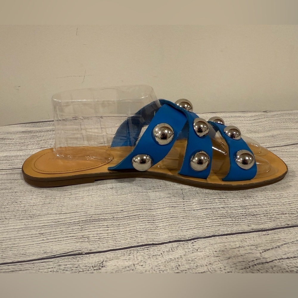Marc Fisher Blue Studded Slide Sandals Size 8.5 Statement Stud Flats - Picture 5 of 14